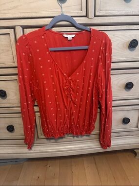 American Eagle Outfitters Red Dot Long-Sleeve V-Neck Blouse